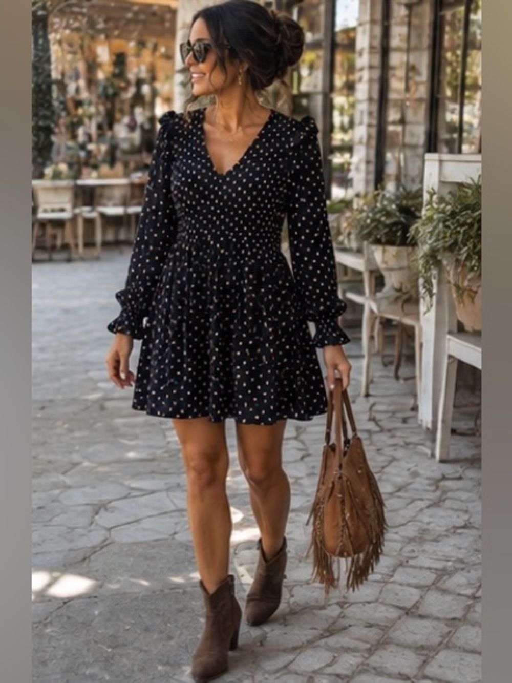 Madewell Black & Gold Polka Dot Smocked Ruffle Mini Dress Size M